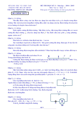 Đề thi học kỳ I - Năm học 2014 - 2015 môn Vật lý - Khối 11 thời gian 45 phút (không kể thời gian phát đề)